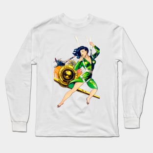 Pin Up Girl with Parachute Harness in the sky between Airplanes Retro Vintage Comic Book Long Sleeve T-Shirt